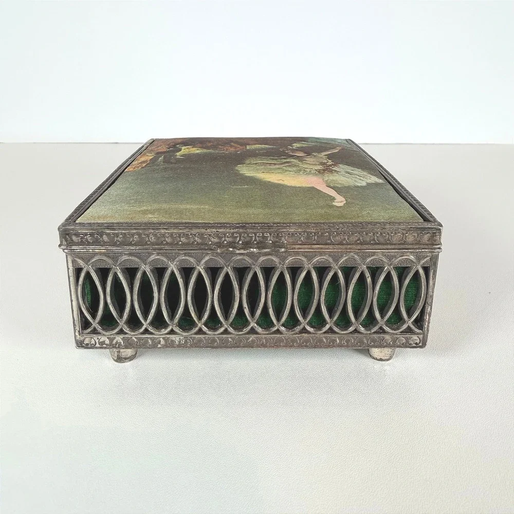Trinket Box with Ballerina Ornate Silver Tone w/ Hinged Lid‎ jewel tone green